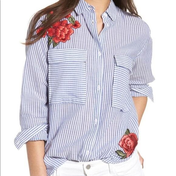 Rails Medium Frances Button Up Banker Stripe Floral Patches Blouse Embroidered - Picture 2 of 16